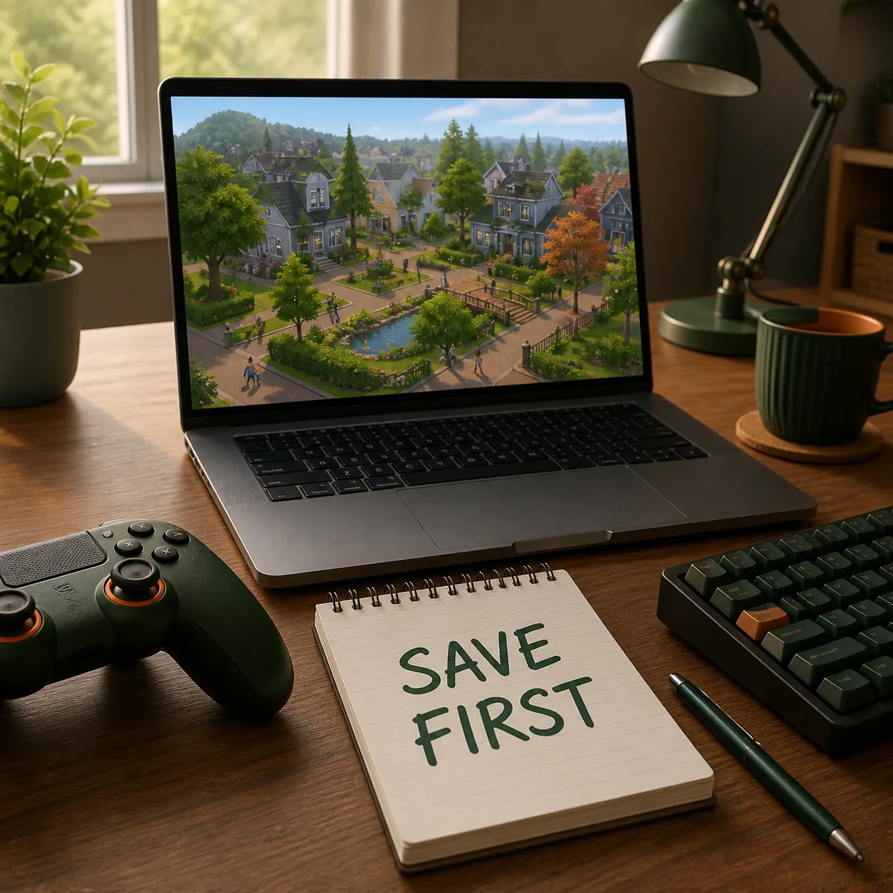 Sims 4 make sim pregnant cheat troubleshooting illustration with a save-first notebook, controller, keyboard, and laptop