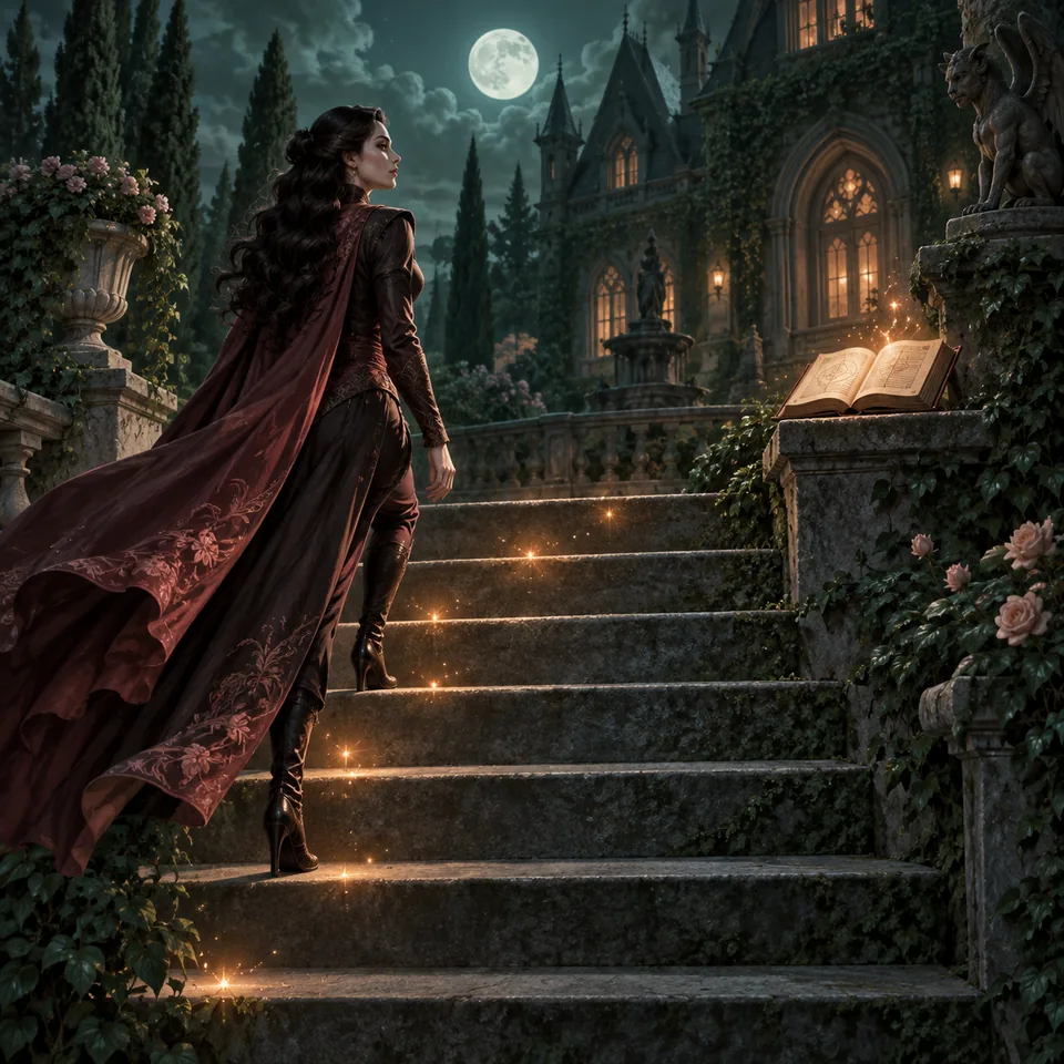 Editorial concept illustration of a vampire Sim climbing moonlit steps toward a spellbook, representing XP progression and later power choices.