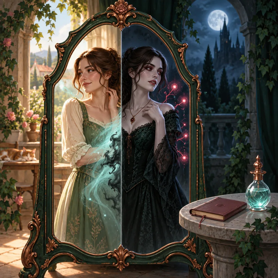 Editorial concept illustration showing the same Sim as human and vampire in a split mirror, with a separate potion and journal to distinguish curing from respec.