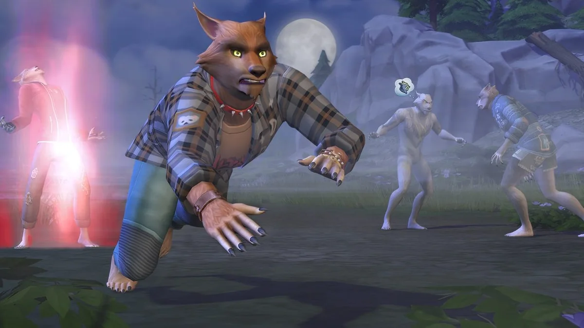 満月の下で変身する狼男と近くに集まる仲間を描いたEA公式Werewolvesパック画像